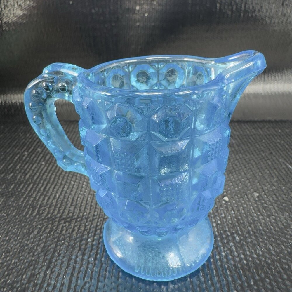 Vintage Kemple Blue Waffle Button Glass 2oz Creamer Small Glass Jug Pitcher VTG